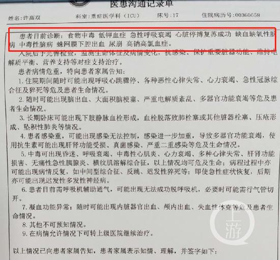 ▲病例显示,昏迷的许高双系食物中毒等所致。图片来源/知情人士提供