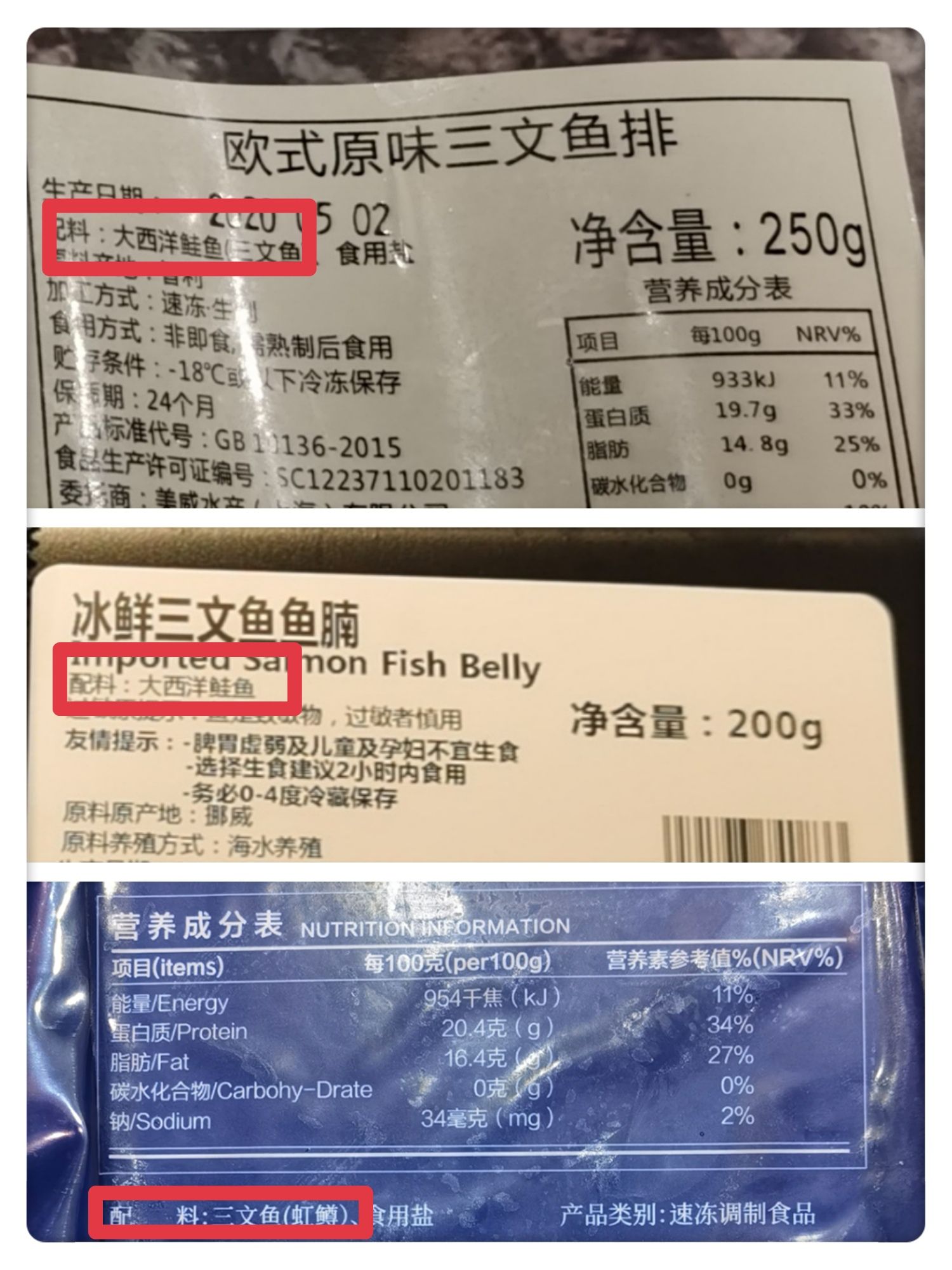 部分包装三文鱼会在配料表中标注细分品类。