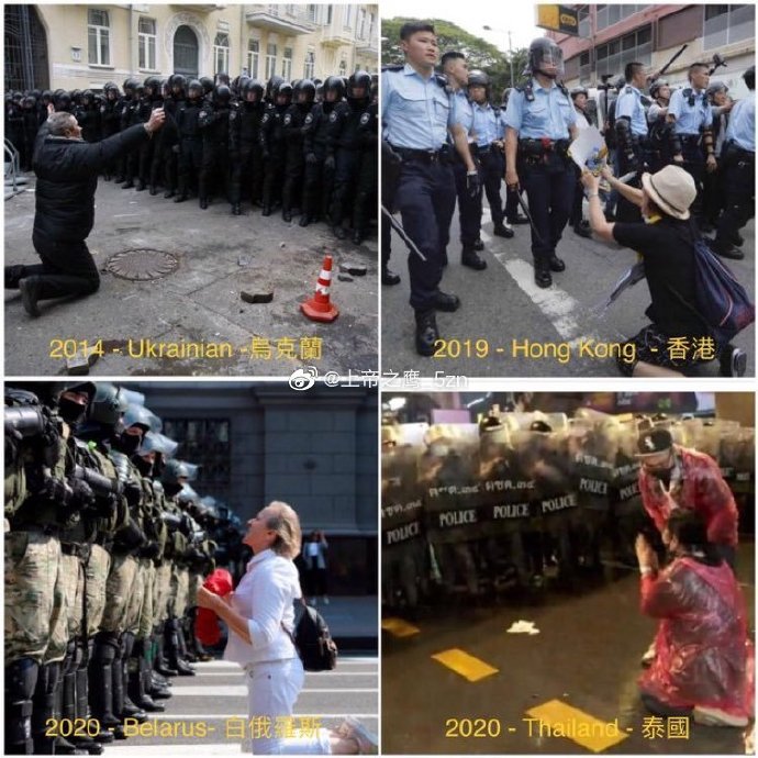 有网友发现,各地示威者的“摆拍”存在相似之处 图自:微博