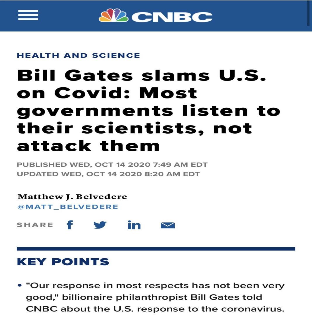 △CNBC报道,比尔·盖茨批判美国的抗疫举措,称政府应当听从医疗卫生专家的建议,而非攻击他们