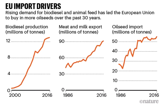 左、中、右的曲线分别表示生物柴油生产量、肉类和奶制品出口量、油料种子进口量在过去几十年间的变化,单位均为百万吨。图片来源:FAOSTAT/Eurostat/F.O。 Licht/IFA。 Analysis by R。 Fuchs et al。