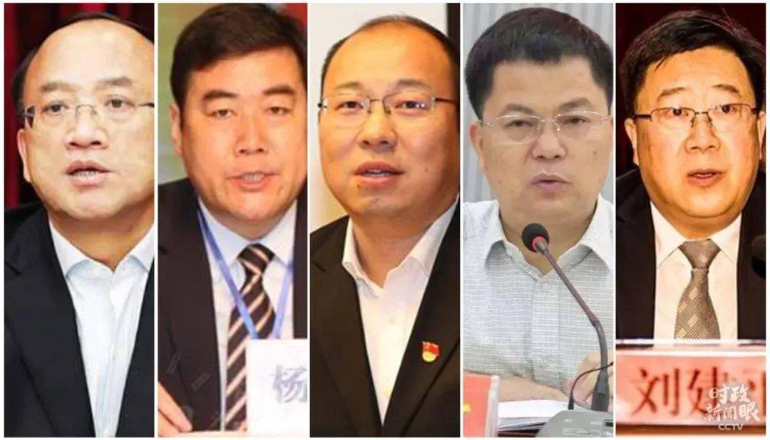 从左至右依次是云南怒江州委书记纳云德、新疆和田地委书记杨发森、河南兰考县委书记蔡松涛、广西大化县委书记杨龙文、贵州赫章县委书记刘建平。