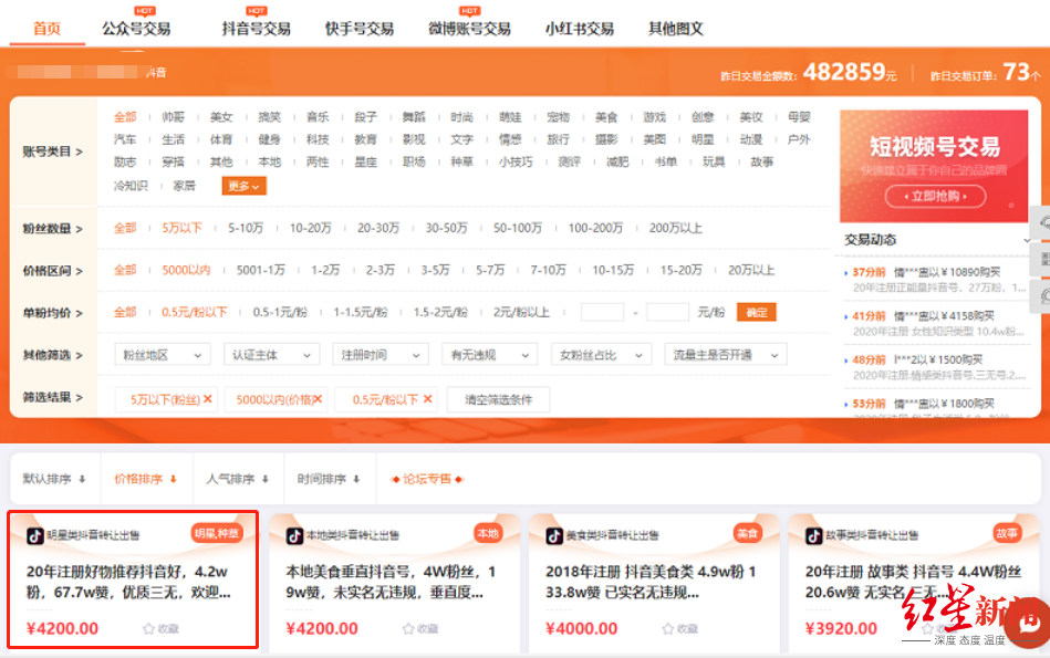 某新媒体交易平台上,包括“明星号”的各类账号明码标价