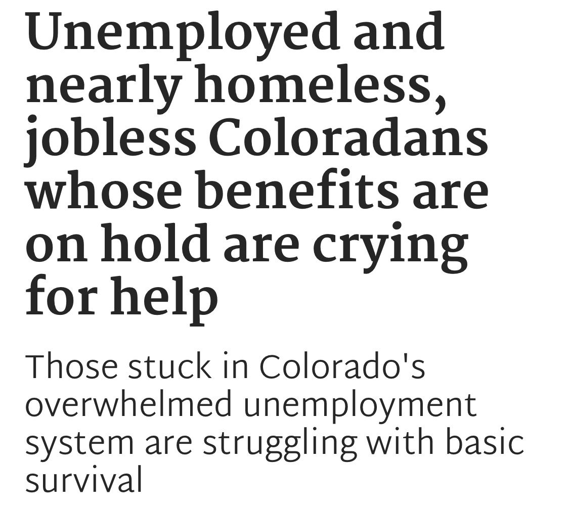 △《失业、濒临无家可归，科罗拉多州没领到救济金的人正在求救》（图片来源：《科罗拉多太阳报》）