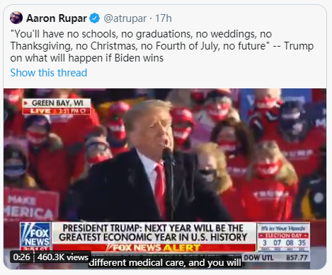 （图为反感特朗普的美国记者Aaron Rupar在自己的社交账号上转发美国总统特朗普攻击总统竞选对手拜登的言论。这当然不代表他认可特朗普的言论，只是在展示特朗普的这种说法）