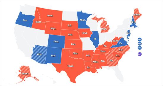 从地图来看，除了科罗拉多州和亚利桑那州以外，共和党在传统的“红州”防守成功，保住了共和党席位 图源：Politico