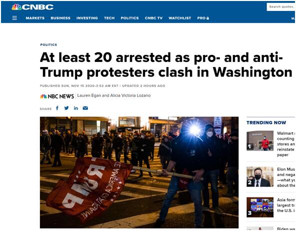 CNBC:支持和反对特朗普的抗议者在华盛顿发生冲突,至少20人被捕