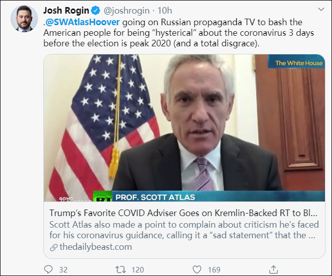 美国网民批评称,阿特拉斯大选前三天被RT采访,这是一种耻辱 图源:社交媒体