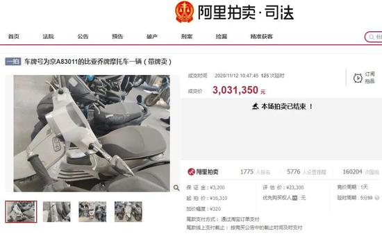 ▲司法拍卖界面显示,这辆带牌摩托车以超303万元成交。网络截图