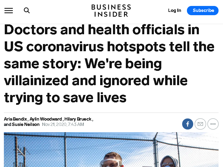 △《商业内幕》报道称，美国疫情热点地区的医生和卫生官员讲述了同样的故事：我们在努力拯救生命的同时，却被诋毁和忽视了