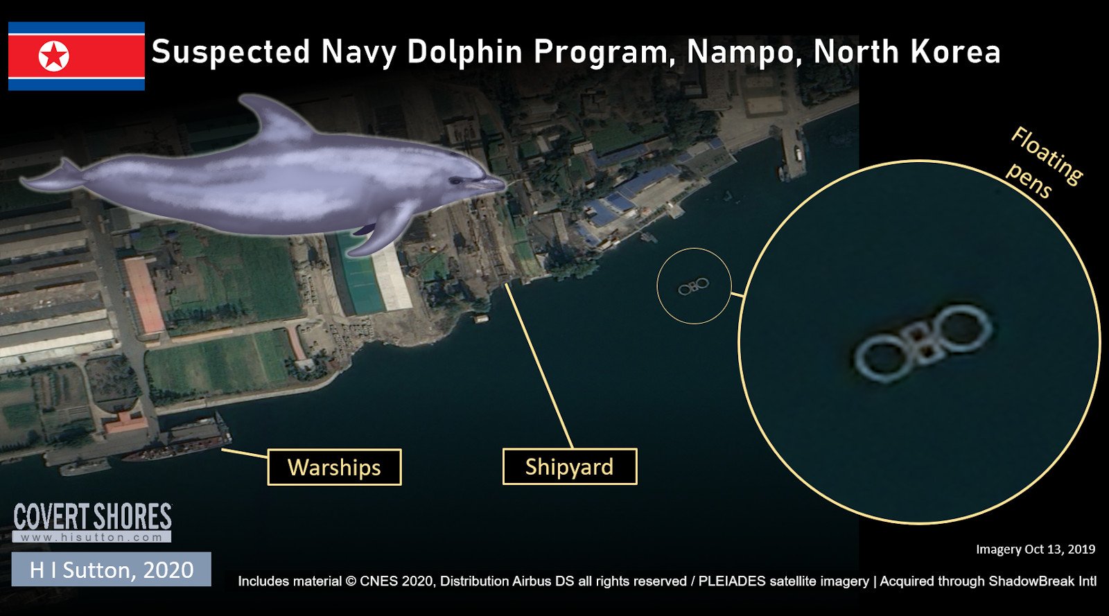 卫星照片显示朝鲜南浦附近沿海出现了一些围栏。