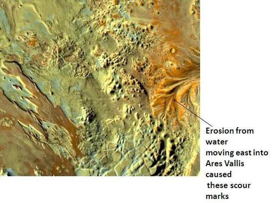 图|火星THEMIS拍摄的阿伦混沌地附近的水流侵蚀的痕迹